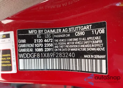 2009 Mercedes-Benz C 300 Luxury 4Matic/Sport 4Matic z USA, uszkodzony, nr VIN WDDGF81X89F283240